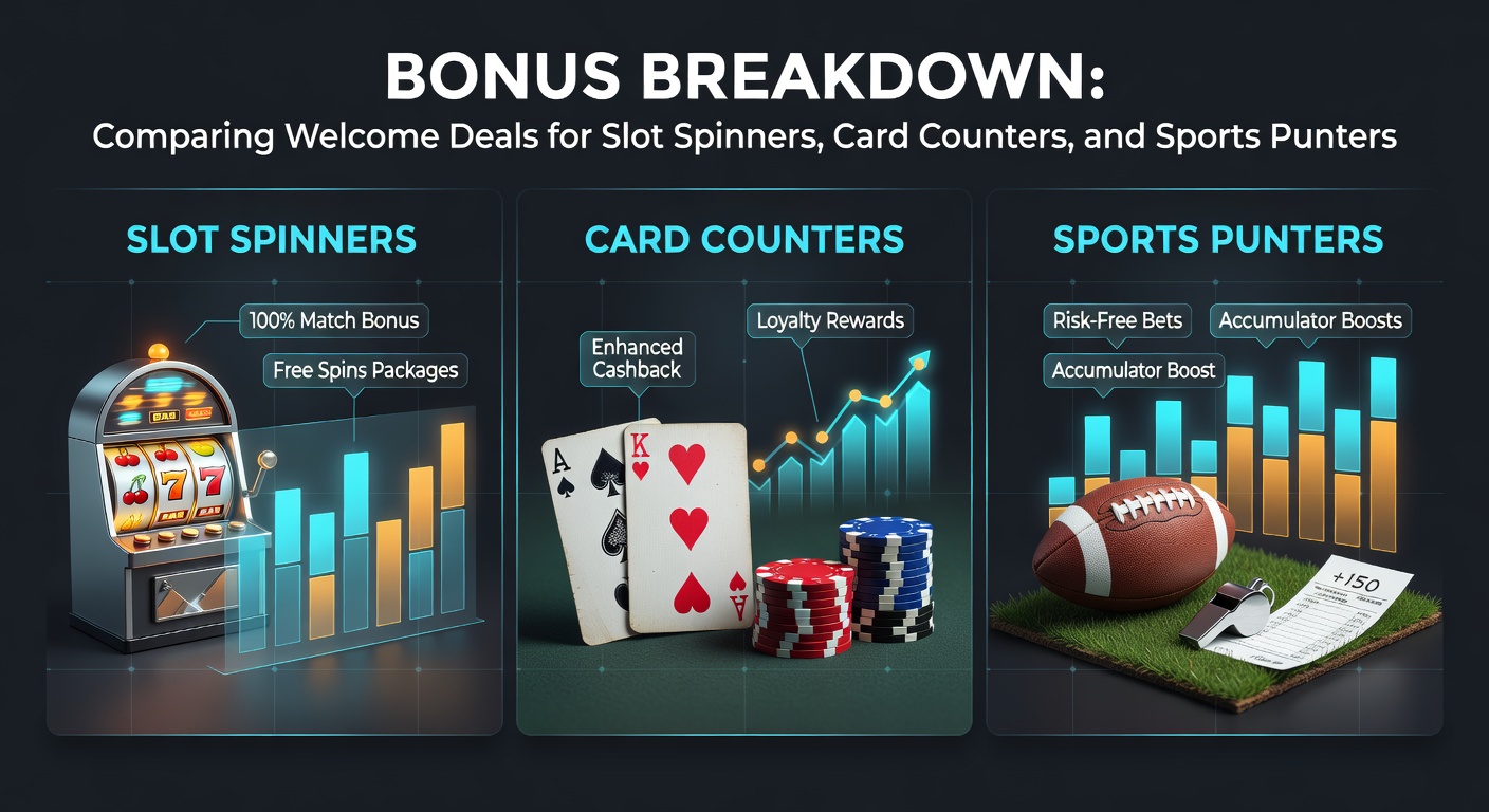 Illustration of colorful slot machines, blackjack tables, and sports betting screens highlighting bonus icons