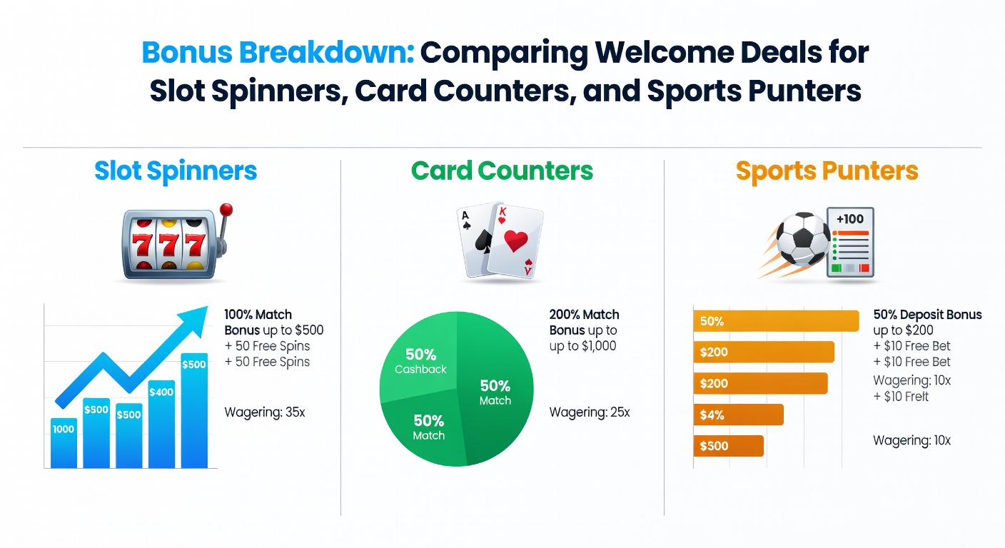 Close-up of blackjack cards, roulette wheel, and poker chips with bonus percentage overlays