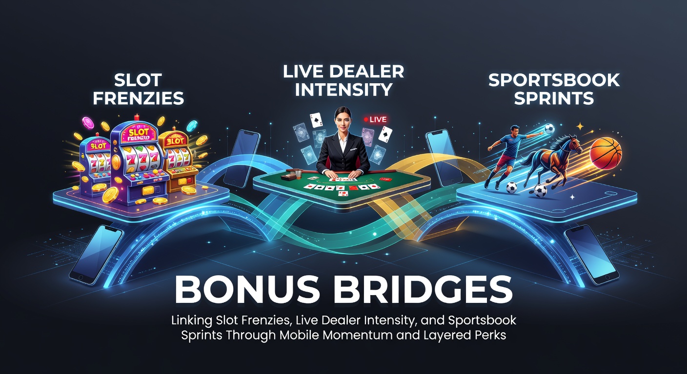 Vibrant digital graphic showing interconnected bridges between slot machines, live dealer tables, and sports betting interfaces on a mobile screen, symbolizing bonus linkages