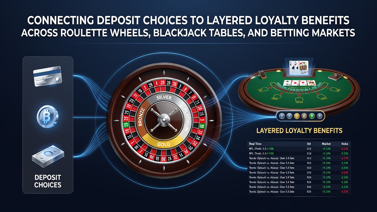 Illustration showing deposit options linking to loyalty tiers in roulette, blackjack, and sports betting environments
