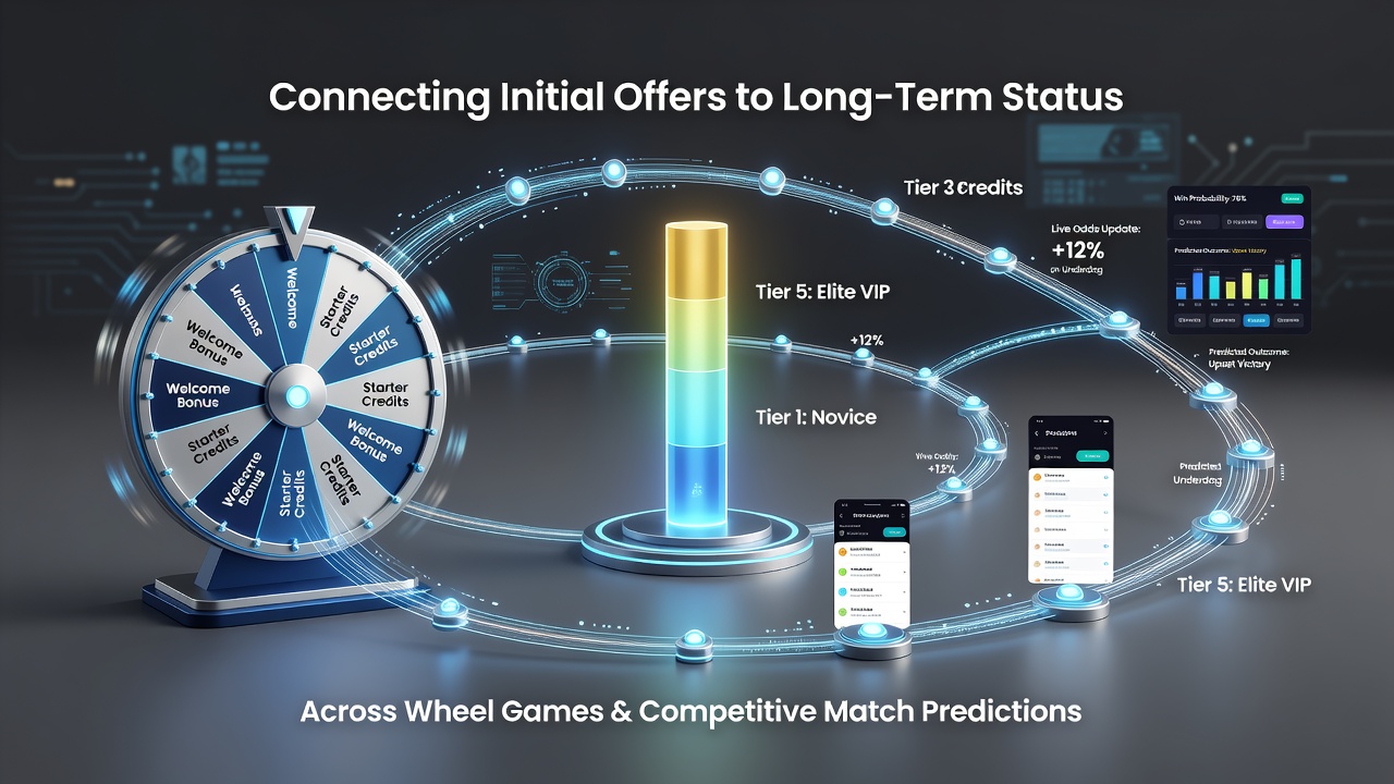 Mobile app interface showing initial bonus offers connected to wheel game spins and sports prediction features