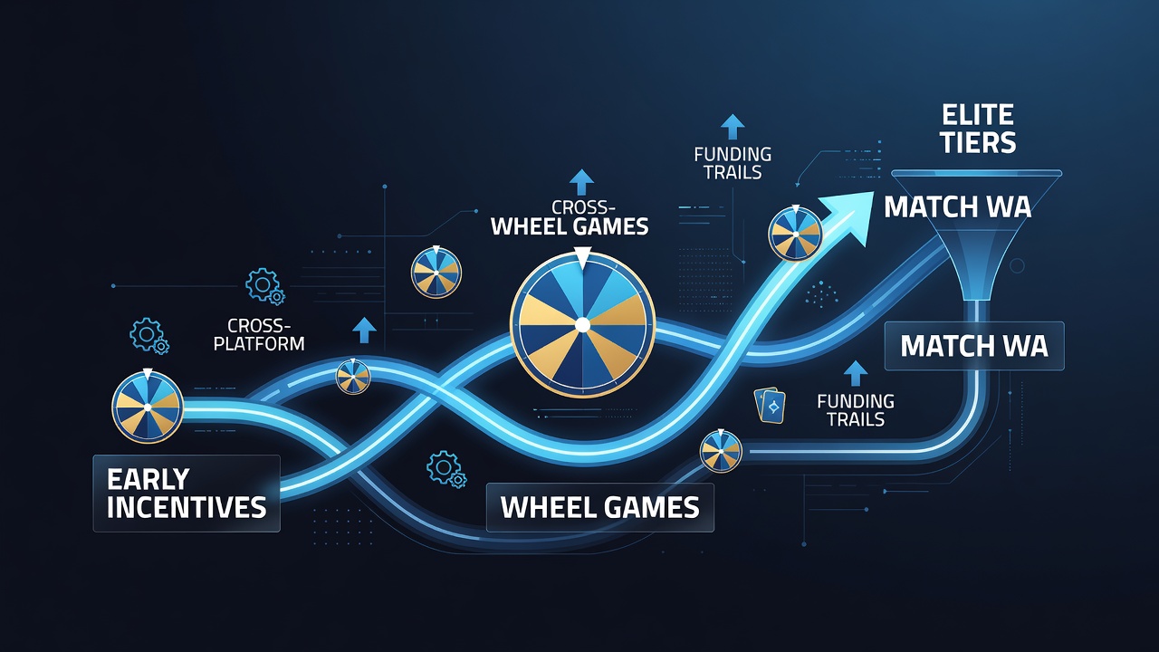 Visualization of funding trails moving from welcome incentives toward elite VIP status across roulette and sports platforms