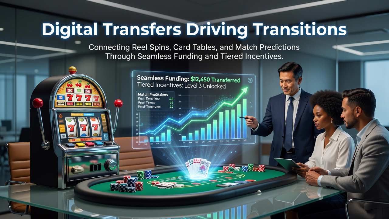 Digital payment interfaces connecting slot reels, card tables, and sports betting platforms through instant transfers and reward tiers