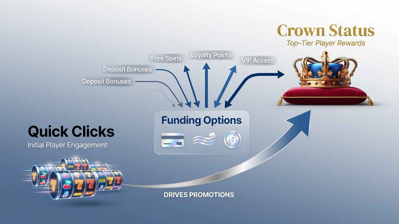 Illustration of player journey from mobile deposit screen to VIP loyalty dashboard with interconnected game icons