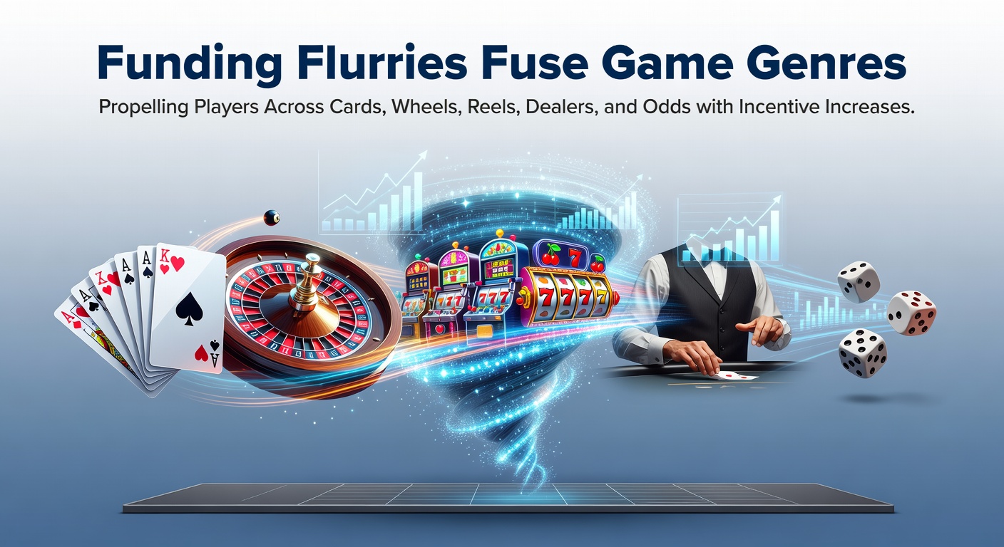 Dynamic illustration of colorful game icons including slot reels, roulette wheels, playing cards, live dealer tables, and sports betting odds merging into a whirlwind of funding bonuses and deposit streams