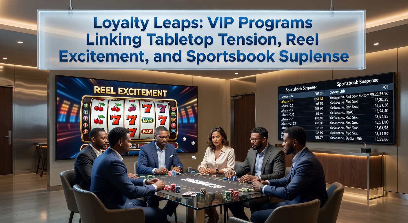 Vibrant casino floor showing players at blackjack tables, slot machines lighting up, and screens displaying live sports bets, illustrating interconnected VIP rewards