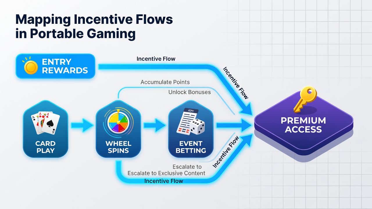 Flowchart illustrating entry rewards moving through mobile card games, wheel spins, and event betting toward premium tiers