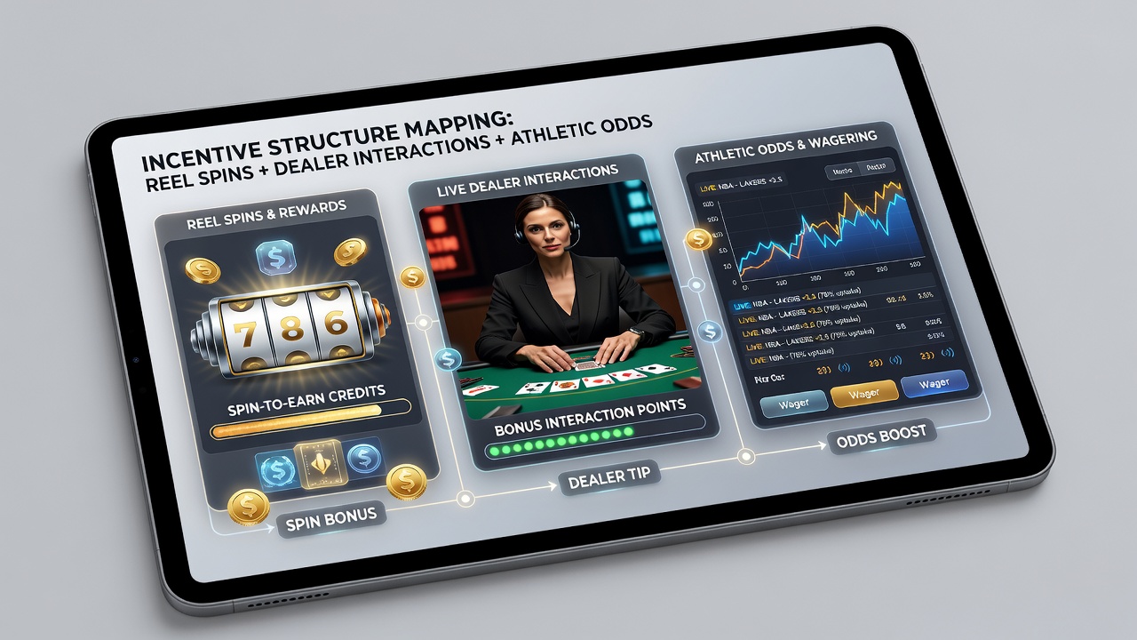 Mobile app interface showing connected slot reels, live dealer tables, and sports betting odds with shared reward indicators