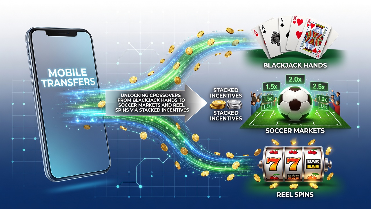 Mobile app interface displaying instant transfers between blackjack, soccer betting, and slot sections with active bonus indicators