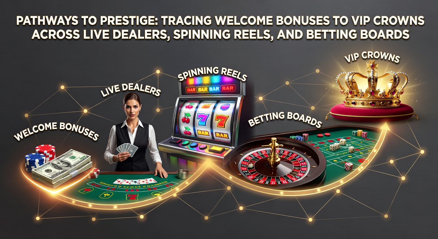 A glamorous VIP lounge scene with casino chips, slot machines, and betting screens glowing in the background, symbolizing the ascent from new player bonuses to elite status