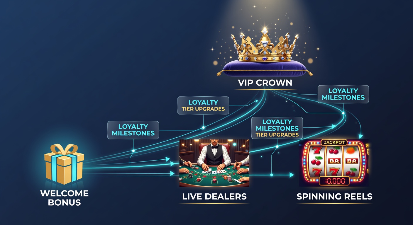 Close-up of a live dealer at a blackjack table with VIP chips stacked high, roulette wheel spinning nearby, and digital betting boards in soft focus, illustrating high-stakes progression