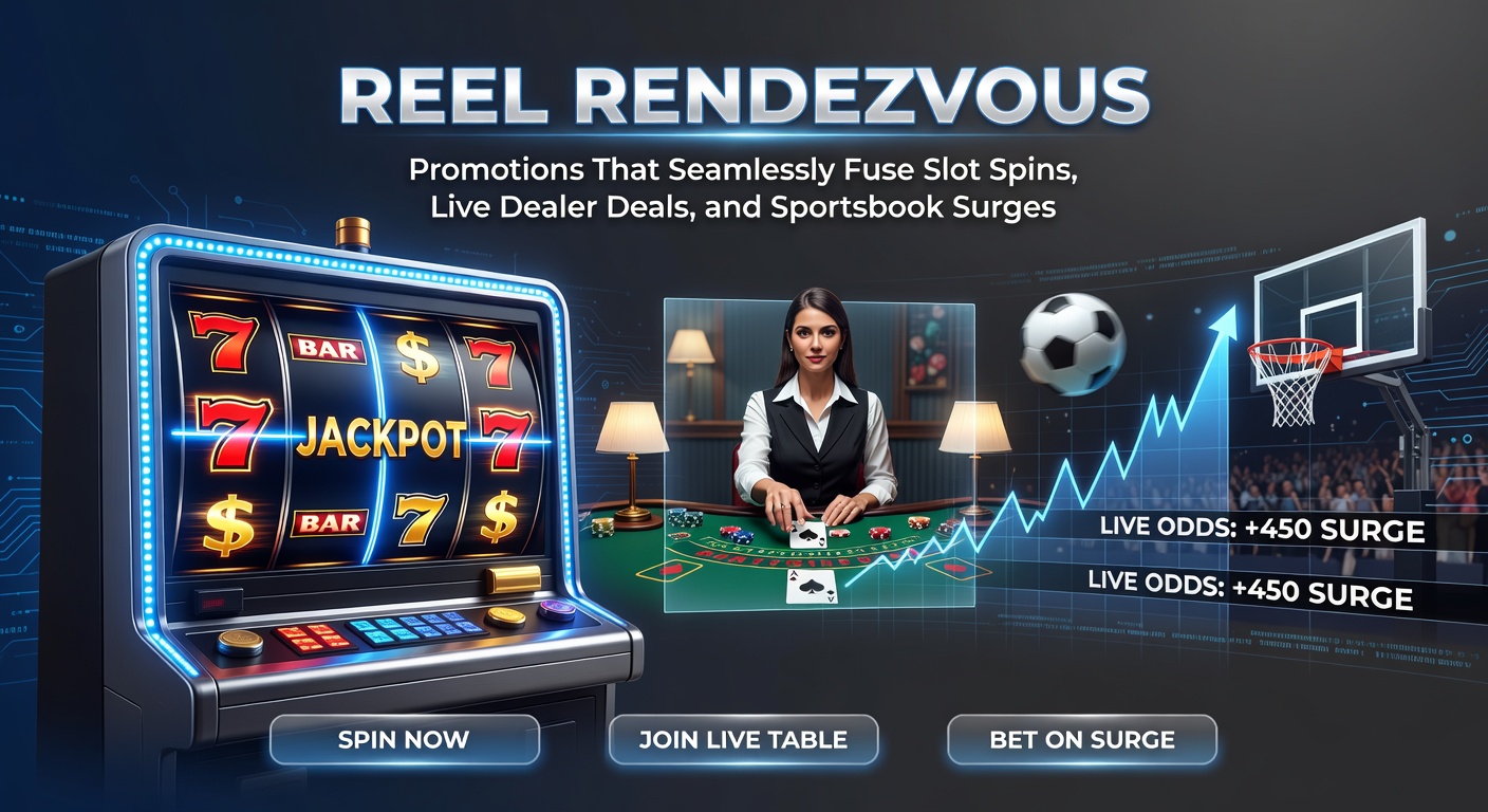 Vibrant casino interface showing slot reels spinning alongside live dealer blackjack table and sports betting odds on soccer matches, illustrating integrated promotions