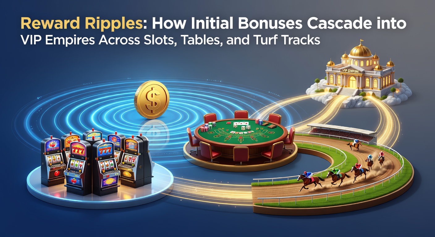 A cascading waterfall of golden coins and bonus chips flowing from a welcome offer into towering VIP tiers across slot reels, blackjack tables, and racetrack finish lines