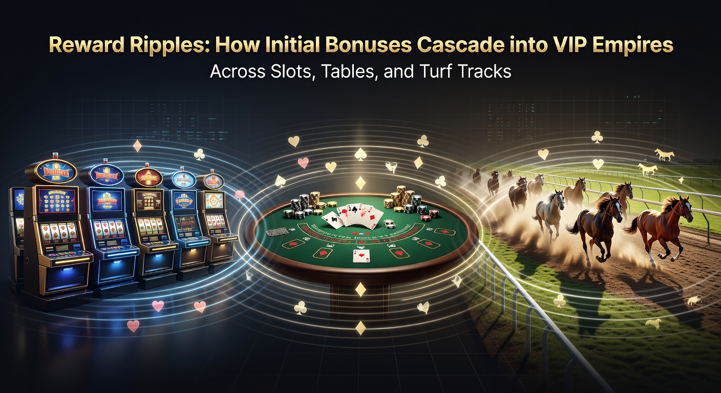 VIP lounge scene blending slot machines, crowded poker tables, and live horse racing screens with cascading reward notifications overlayed