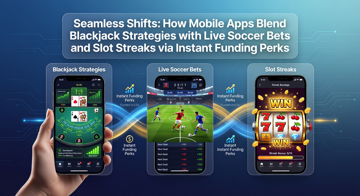 Smartphone screen displaying a mobile casino app with blackjack table, live soccer match odds, and colorful slot reels side by side