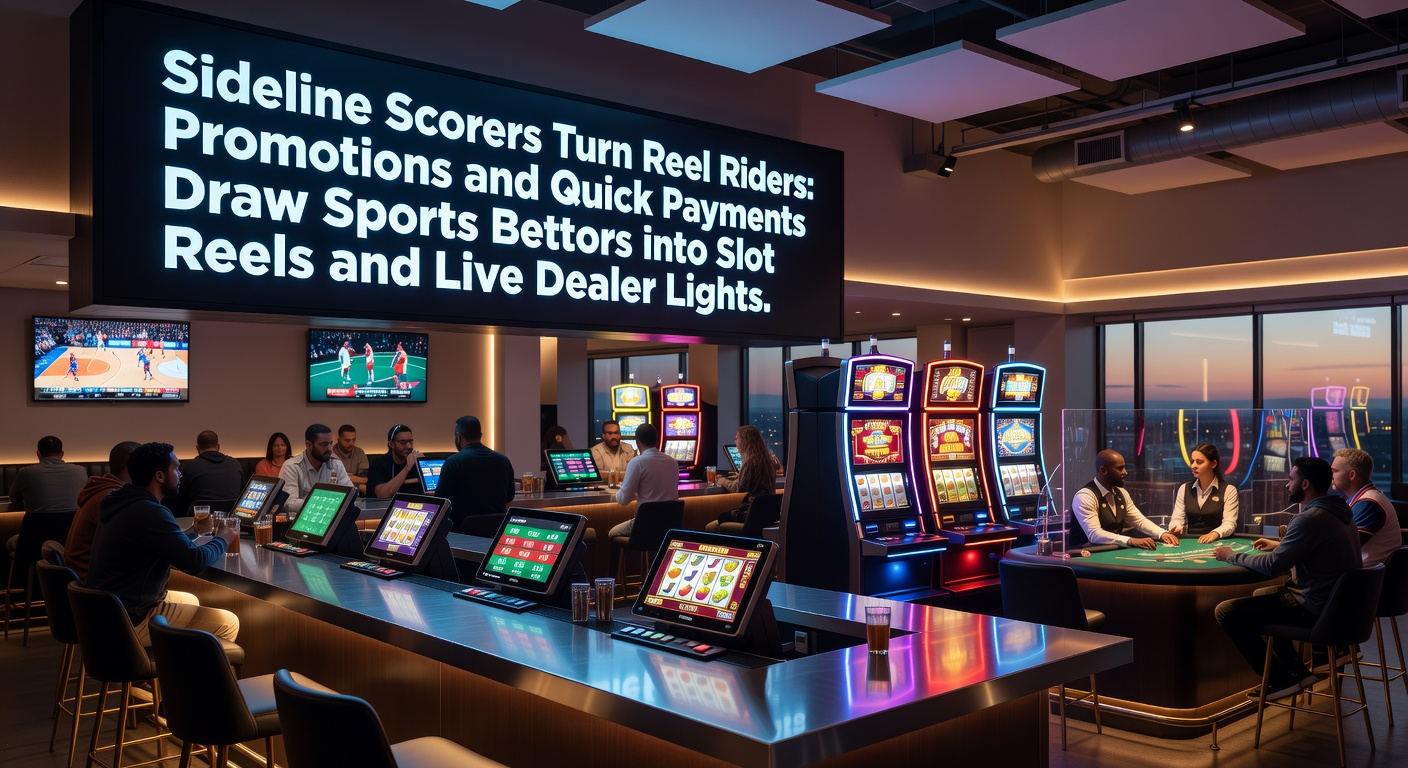 Sports bettors transitioning to vibrant slot reels and live dealer tables under casino lights, highlighting crossover play with promotions flashing on screens