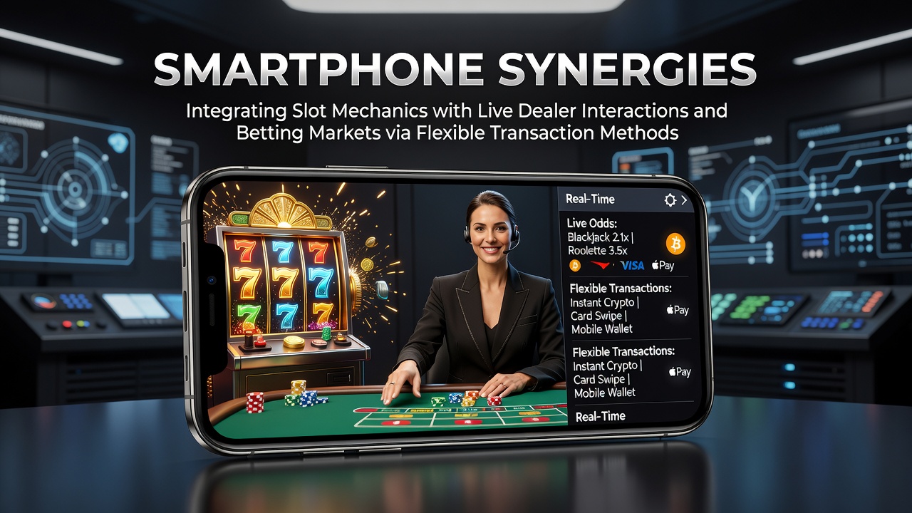 Smartphone displaying integrated slot, live dealer, and betting interfaces with flexible payment options