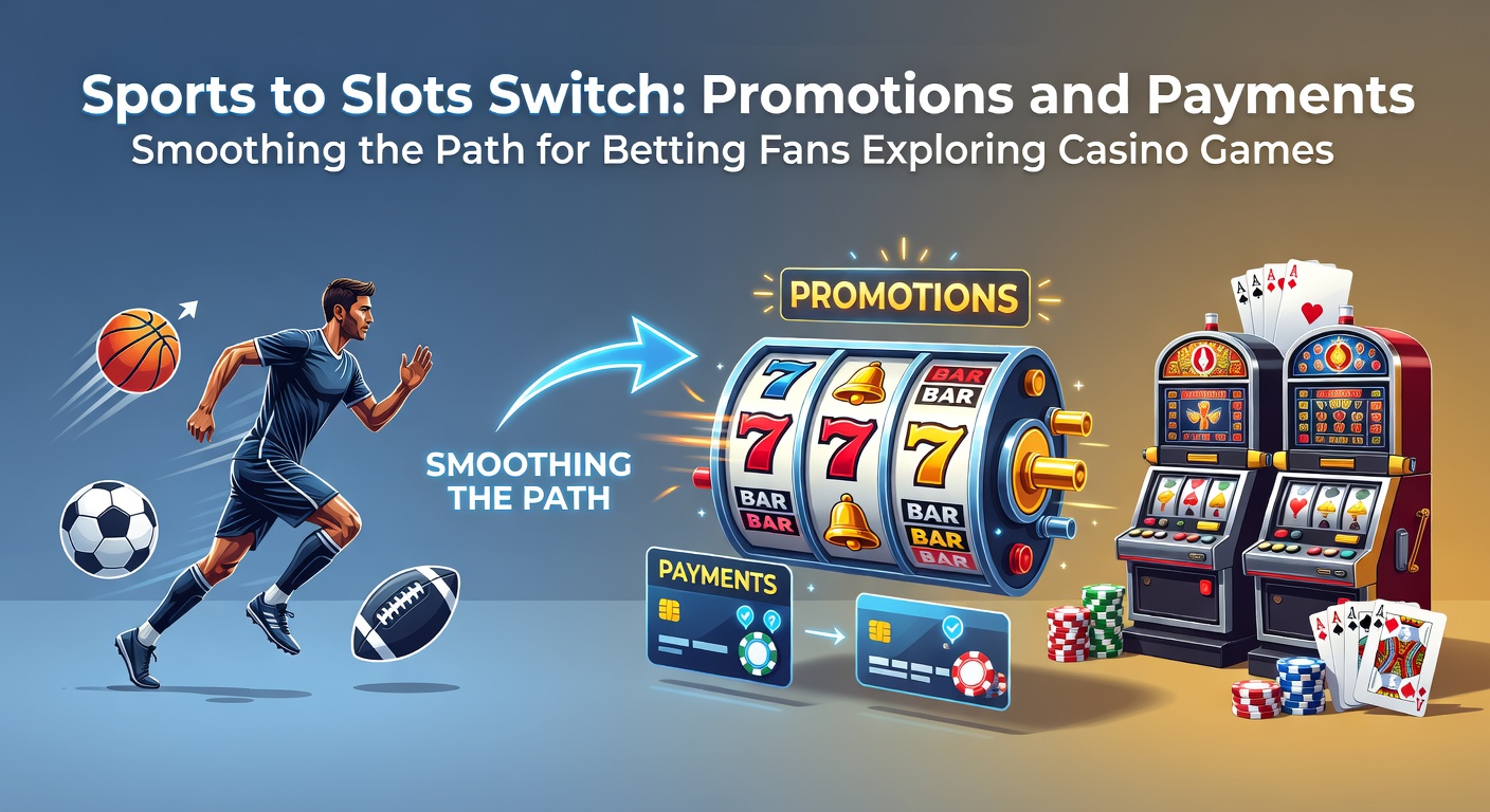 Sports bettor transitioning to slot machines with promotional banners and quick payment icons overlayed on a dynamic casino floor