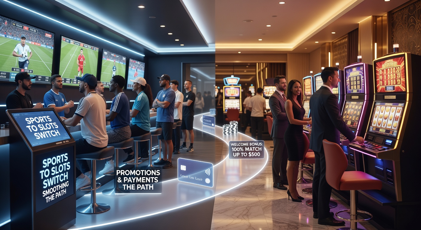 Dynamic infographic showing promotional chains linking sports betting slips to slot reels and instant payment flows
