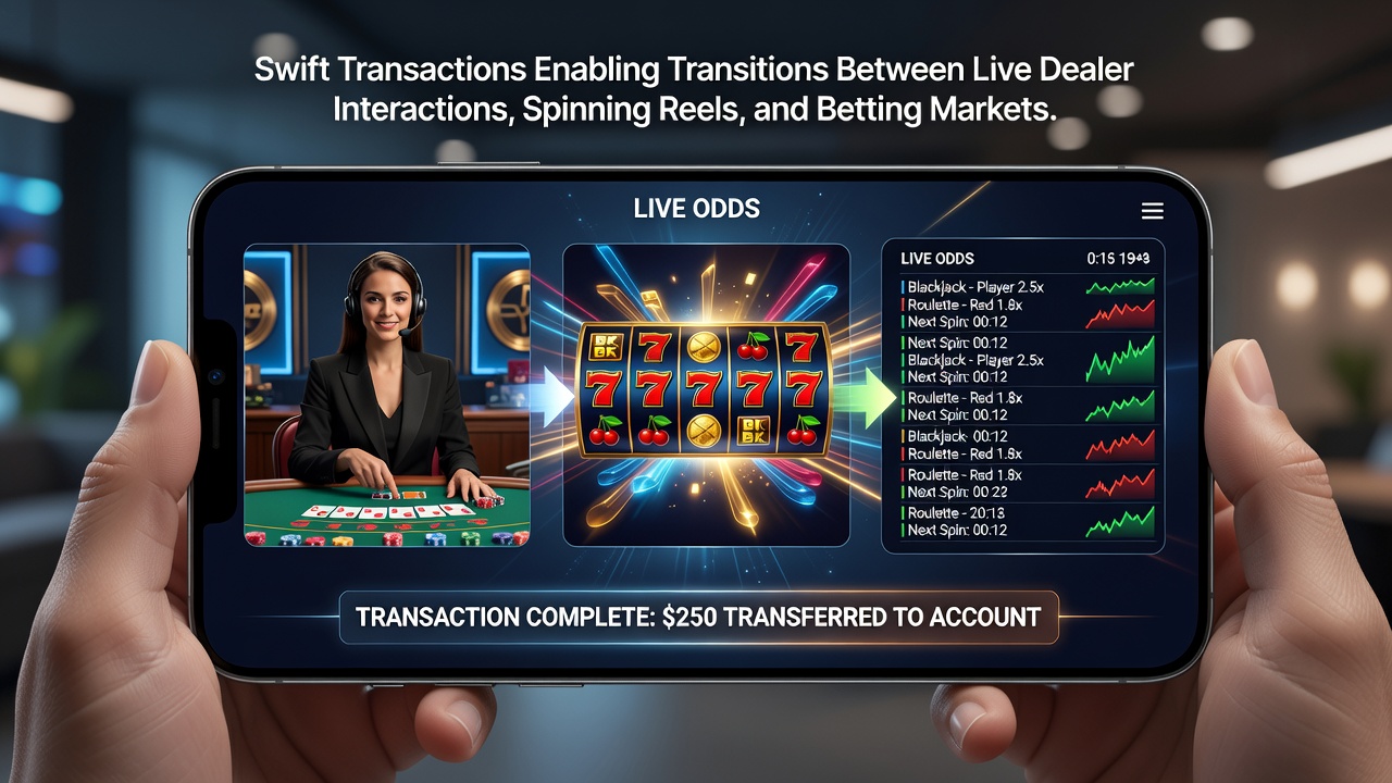 Mobile screen showing seamless transitions between live dealer games, slot reels, and sports betting markets with instant deposit confirmation
