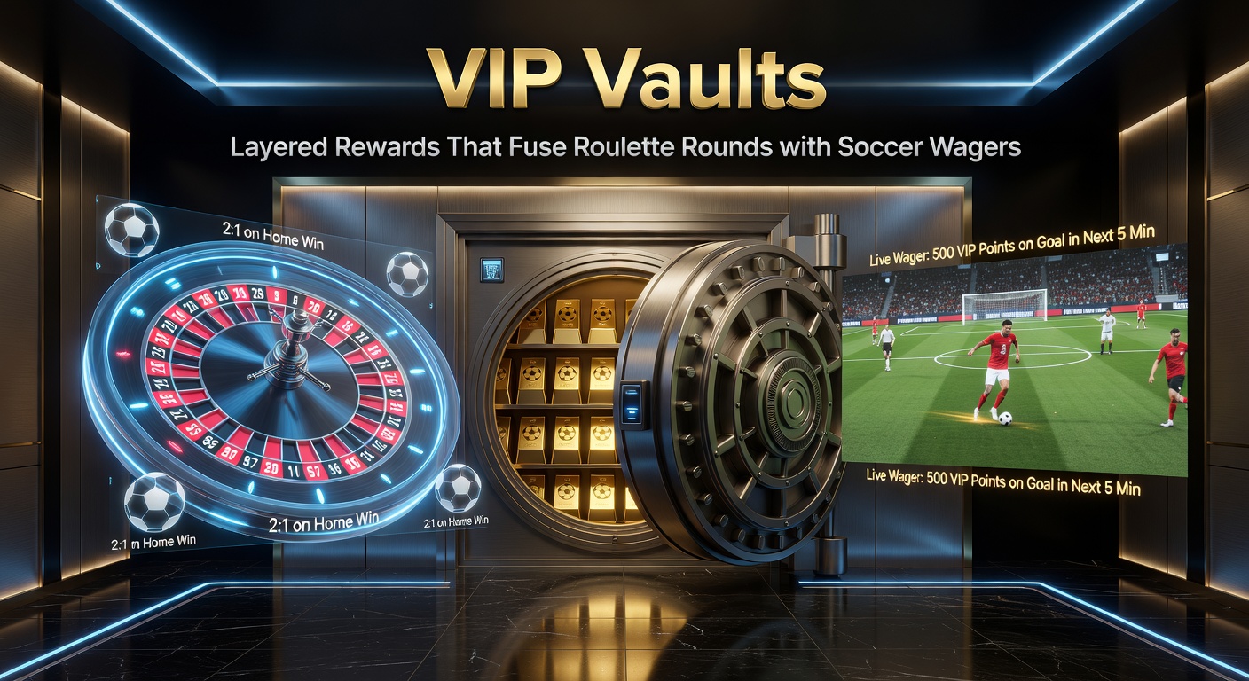 Digital interface of a VIP Vault displaying spinning roulette wheel overlaid with soccer match odds and reward tiers unlocking progressively
