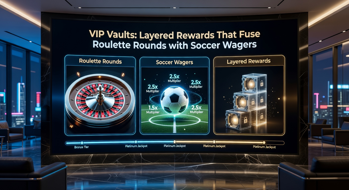 Close-up of a VIP Vault reward explosion, with soccer ball icons merging into roulette chips amid cascading bonus multipliers